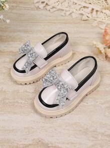 1 Pair Fashion Cute Bowknot PU Pearl Hook Loop Anti-Slip Comfortable Versatile Girl's Shoes, Suitable For Spring And Autumn Outdoor, Daily, Party And School Wear Mary Jane Loafers