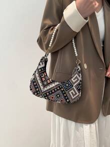 Fashion Pearl Chain Crescent Shoulder Bag, Geometric Color Block Design, Fashionable Shoulder Baguette Bag, Small Cloth Tote, Casual Outdoor Bag, Versatile Daily Use Handbag - Multicolor - View 4