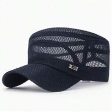 1 pieza Gorra plana con etiqueta de hierro, unisex, casual, transpirable, protección solar para exteriores. Gorra plana con malla transpirable, ajustable, apta para hombres y mujeres, casual para exteriores, sombrero protector solar con orificios de ventilación, hecho de poliéster. Opciones de color: negro/gris/verde oliva/beige/azul marino. Nuevo lanzamiento. Gorra plana de malla completa con etiqueta de hierro, protección solar transpirable casual para hombres y mujeres para el verano al aire libre.