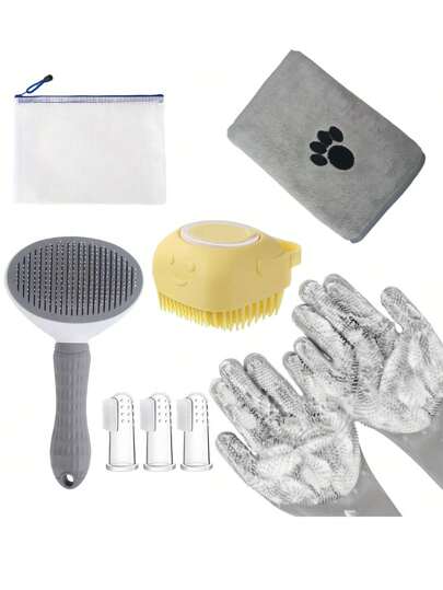 Juego de aseo para mascotas, incluye juego de cepillos de baño, toalla y guantes de baño, cepillo quitapelo, champú y acondicionador para mascotas, herramientas de limpieza dental para mascotas