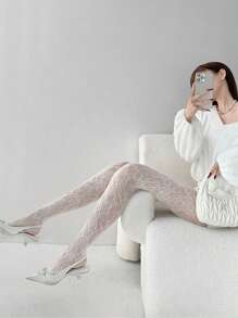 New Vintage French Rose Floral Pattern Beige Mesh Pantyhose, Hollow Brown Sexy Black Fishnet Stockings For Women