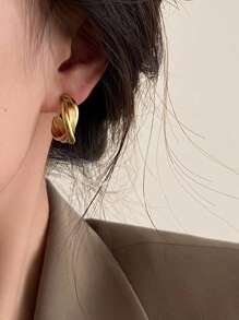 复古奢华金色圆形耳环，女士高端简约金属耳环 - 金黃色 - 查看 2