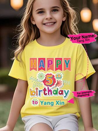 Happy 5th Birthday Colorful Flower Print Custom Personalized Girls T-Shirt, Fashion Children Sports Short Sleeve Tee, Fast Delivery