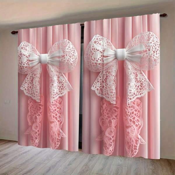 قطعتان ستائر وردية أنيقة مزينة بالدانتيل - من البوليستر خفيف الوزن ، تصميم كيس القضيب ،شبه شفافة ، مناسبة لغرفة النوم وغرفة المعيشة والمطبخ - سهلة التركيب ، قابلة للغسل في الغسالة ، نافذة غرفة المعيشة