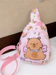 儿童可爱卡通水豚图案印花胸包，轻便运动休闲腰包和单肩包，户外旅行度假腰包配有可调节肩带，日常通勤手机零钱斜挎包 - 粉色 - 查看 10