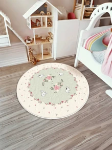 1pc Tapete de área redondo de lã sintética macia, tapete decorativo com design de coelho e flor, resistente a manchas e fácil de cuidar, quarto, decoração de casa, decoração de festival