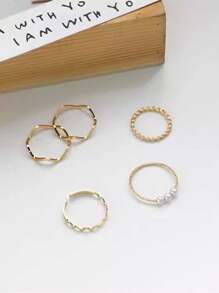 Nooxian 5 件简约可调节镀金仿珍珠波浪指节戒指套装女士 - 金黃色 - 查看 3