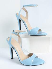 Jin Bei Qi Giày sandal cao gót mũi tròn bằng da bóng, quai chéo mắt cá chân, kiểu dáng stiletto, thích hợp cho các bữa tiệc hoặc trang phục mùa xuân hè. - Màu xanh lam - Xem 7