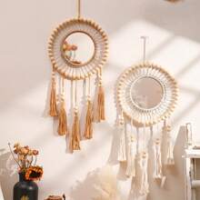 1pc Exquisite Bohemian Round Hanging Wall Mirror With Macrame Fringe - Adds Boho Chic Touch To Bedroom, Living Room - Aesthetic Glass Home Decor For Modern Space