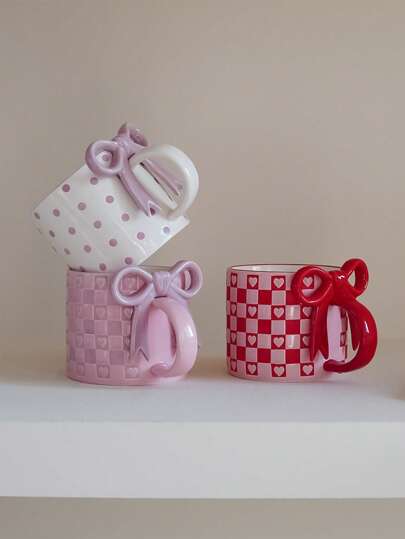 1pc 11.6oz Ceramic Mug With Bow Handle & Heart, Matte Embossed Heart Design, Checkered Pattern Coffee Cup, Suitable For Home Decor, Daily Water Drinking, Breakfast Milk Cup, Afternoon Tea Cup, Latte Art Cup In Cafe, Gifts, Couples Cup Back To School