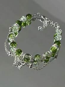 1pc Spring Inspired Unique Green Crackle Glass Beads Butterfly Pendant Bracelet, Perfect Gift For Her - Green - View 1