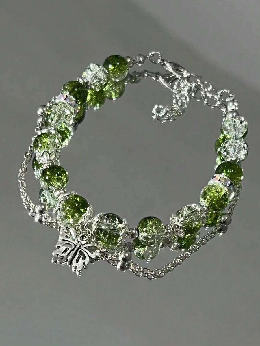1pc Spring Inspired Unique Green Crackle Glass Beads Butterfly Pendant Bracelet, Perfect Gift For Her - Green - View 1