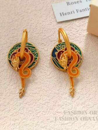 1 Pair Vintage Chinese Style Painted Auspicious Cloud Design Earrings, Fashionable And Elegant, Featuring Dragon Shaped Ear Studs