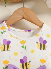 2pcs/Set Baby Girls' Cute Round Neck Sleeveless Bow Decor Cartoon Bee Print A-Line Dress, Suitable For Everyday Outings, Spring/Summer - Purple - View 6