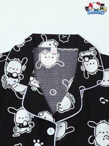 Set de pijama de 2 piezas con parte superior de manga corta con cuello y bolsillo con botón, y pantalón corto de lazo con estampado de Pochacco de Sanrio, ropa de estar en casa informal para mujer, primavera/verano