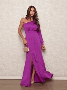 Vestido Longo Festa Madrinha Formatura Casamento Manga Longa Fenda Elegante Drapeado - Fúcsia - Visão 7