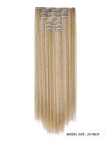 Clip-In Hair Extensions, Thick Long Lace Lightweight Synthetic Hair Piece, For Women, Grayish Brown With Golden Highlights - Gold - View 2
