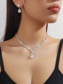 Rhinestone Waterdrop Necklace And Earrings Jewelry Set