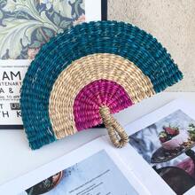 Abanico decorativo de pared tejido a mano de forma colorida, abanico de mano de uso diario de paja marina para refrescarse, abanico decorativo de lujo de dos tonos, regalo para cumpleaños o graduación - Multicolor - Ver 8