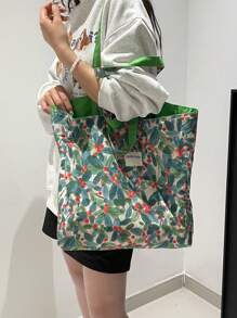 Bolsa de lona dupla face com estampa floral, nova primavera/verão 2025, bolsa de grande capacidade para deslocamento diário, bolsa de ombro simples coreana