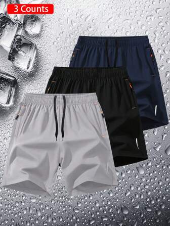 3 pièces Ensemble de shorts de sport pour hommes, été, shorts en soie de glace mince à séchage rapide, shorts de course décontractés à la mode, shorts de plage