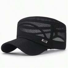 1 pieza Gorra plana con etiqueta de hierro, unisex, casual, transpirable, protección solar para exteriores. Gorra plana con malla transpirable, ajustable, apta para hombres y mujeres, casual para exteriores, sombrero protector solar con orificios de ventilación, hecho de poliéster. Opciones de color: negro/gris/verde oliva/beige/azul marino. Nuevo lanzamiento. Gorra plana de malla completa con etiqueta de hierro, protección solar transpirable casual para hombres y mujeres para el verano al aire libre.