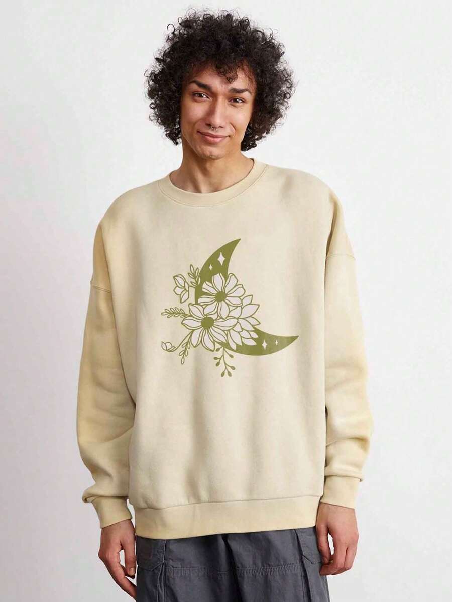Men's Sweatshirt With Flower Print, Round Neck, Art Style, Premium Comfort Summer Blouse - 米色 - 查看 1