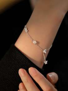 S925 Sterling Silver White Rose Micro-Inlaid Cubic Zirconia Butterfly Design Bracelet, Versatile Minimalist Floral Jewelry Gift For Birthday, Holiday, Daily Wear - Rose - View 1