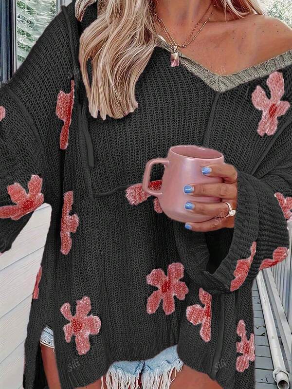 Plus Size Casual Loose Floral Print Hooded Pullover Sweater