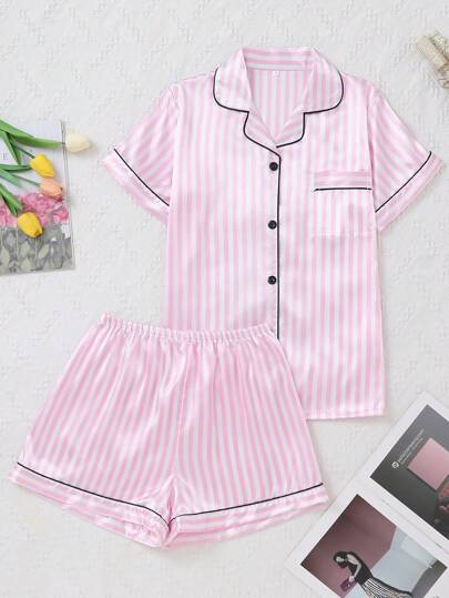 2 piezas Conjunto de pijama para mujer, incluye camisa de manga corta a rayas en color rosa claro con botones delanteros y pantalones cortos con cintura elástica, material suave y liso, ropa de estar en casa cómoda y casual, adecuada para primavera/verano, se puede usar en exteriores