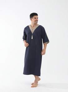 Męski marokański kaftan, południowo-wschodnioazjatycki malezyjski swobodny szlafrok z 3/4 rękawami w jednolitym kolorze z frędzlami i dekoltem w serek