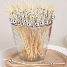 100pcs Disposable White Pearl Cocktail Bamboo Skewers, Fruit Cake Decoration Bamboo Toothpicks, Long Cocktail Disco Theme Party Supplies, Artistic Fruit Forks For Party And Wedding Desserts