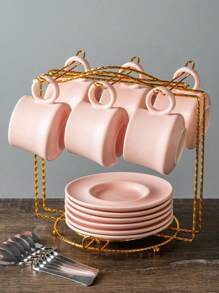 1 Set de 6 tazas de café de cerámica con platillos y cucharas, adecuadas para desayuno en el hogar, leche, café con leche en la oficina, tazas de jugo, como regalo para parejas, familia y amigos