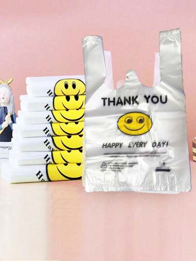 50pcs Reusable Plastic Shopping Bags - Suitable For Groceries, T-Shirts, Etc. - Ideal For Stores, Malls And Home Use, Random Patterns And Text, Convenient Bags, Shopping Bags, Tote Bags, Storage Bags, Party Supplies, Back To School, Some Printing Or Marks Do Not Affect Use