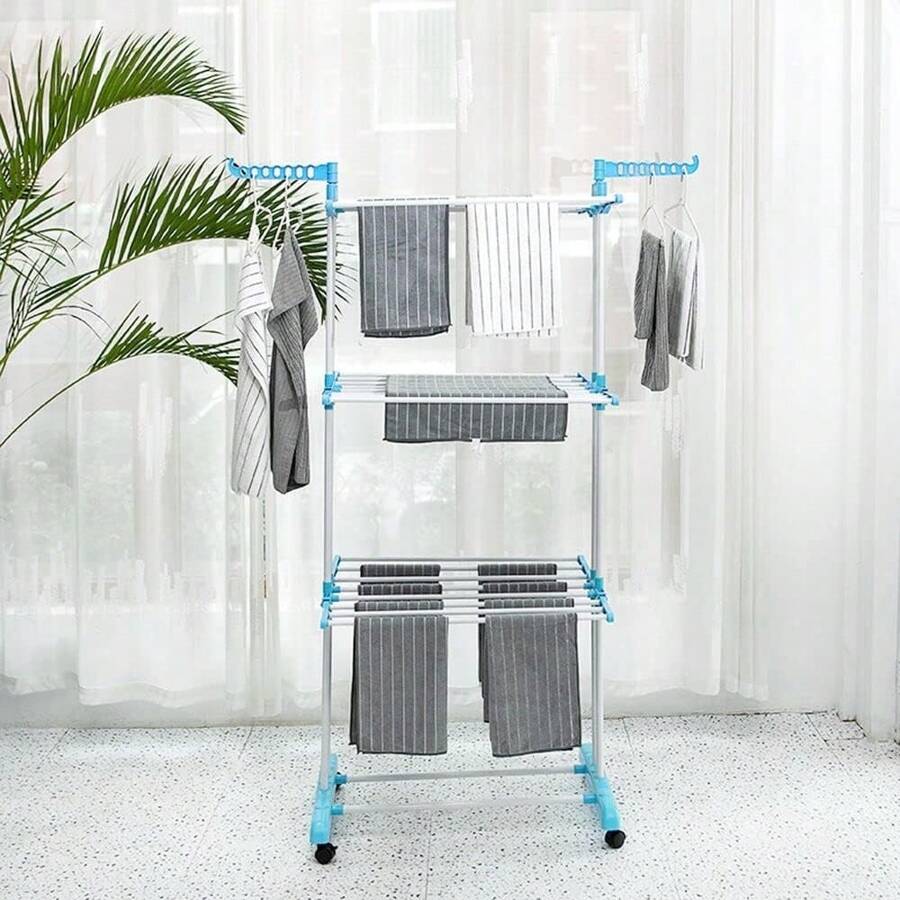 Clothes Drying Rack, 3-Tier Foldable Clothes Hanger Adjustable Large Stainless Steel Garment Laundry Racks For Indoor Outdoor Drying Rack Back To School Travel Essentials Room Decor - Baby Blue - View 1