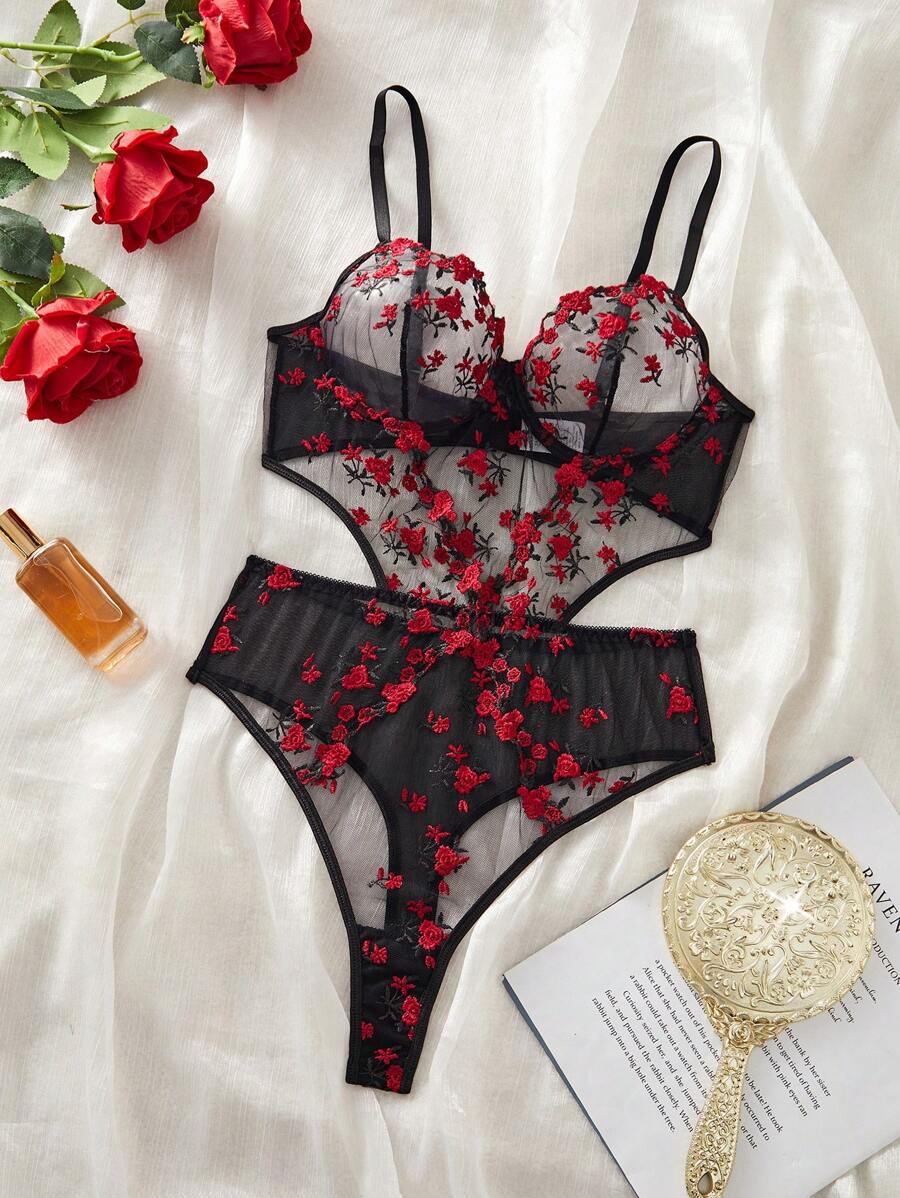 Neuer Frühlings-/Sommer-Damen Sexy Wäsche Set, florales Stickerei Transparenz Jumpsuit mit Taille Ausschnitt, verstellbarer Träger Body, Unterbügel BH, Intim Flitterwochen Nachtwäsche für Paar, Valentinstag - Schwarz - Übersicht 1