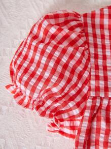 1pc Girl Teen Casual Plaid Dress, Summer - Red and White - View 4