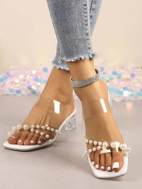 Ladies' Fashionable Pearl Transparent Strap High-Heeled Sandals, A Must-Have For Versatile Summer Heels
