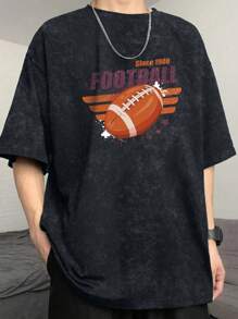 1 件复古破旧图案印花 T 恤，适合男孩和青少年，户外夏季休闲街头装 - 深灰色 - 查看 3