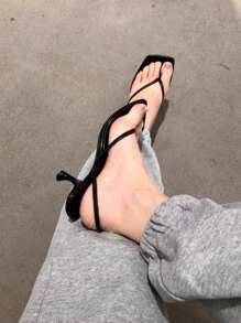 女士法式高跟凉鞋，新款夏季真皮细跟人字拖，后跟带人字拖，猫跟鞋 - 黑色 - 查看 8