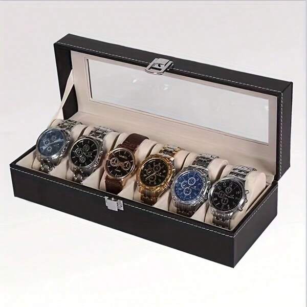 1pc Black Faux Leather Watch Box, Square Flip-Up Display Case Holds 2/6/10/12 Slots, Window Watch Storage Case With Lid, Large Capacity Dust-Proof Anti-Oxidation Watch Holder, Elegant Watch Collection Storage Box, Great Gift Choicesummer Storage Organizer Gift Back To School