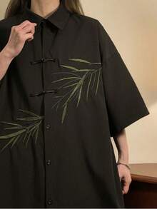 Women's Loose Floral Print Drop Shoulder Buttoned Blouse - Black - View 4