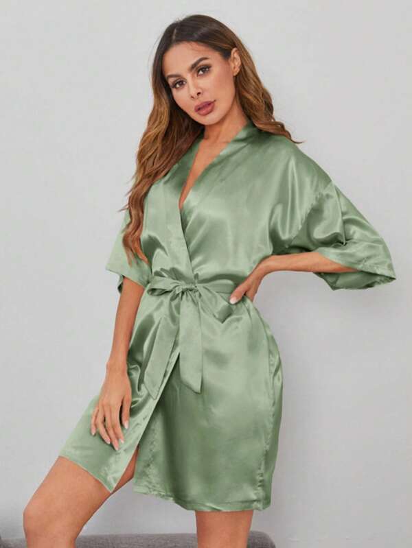 1PC Women's Plain Short-Sleeved Bathrobe, Suitable For Spring And Summer, Home Wear, Hotel Wear, Party Wear Home Bathroom Decor, Fall