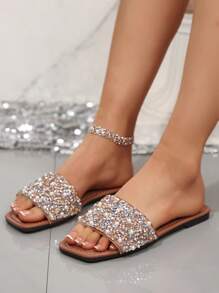 Plus Size Women Flat Sandals Vacation Style Summer Casual Versatile Rhinestone Decor Slide Sandals - Brown - View 3