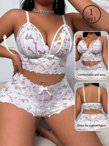 Plus Size Lace Patchwork Comfortable And Fashionable Sexy Bra And Panty Lingerie Set - White - View 5