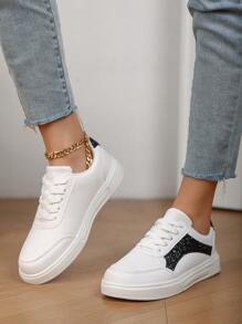New Casual Simple Fashion Comfy PU Leather Low-Top Lace-Up Flat Skateboard Sneakers, Anti-Slip Shock-Absorbing Sports Shoes For Teenage Girls & Students, Suitable For Outdoor Activities And Daily Wear