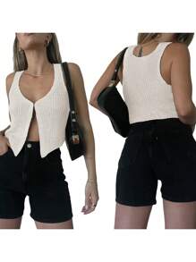 Women Crop Vest Tops Sleeveless Solid Color Casual Party Street Spring Fall Summer Waistcoat - Beige - View 5