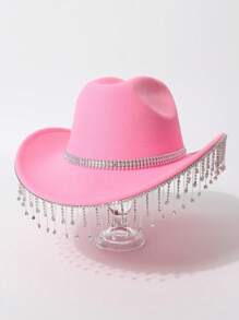 1pc Women's Solid Color Teardrop Rhinestone Tassel Western Cowboy Hat, Casual Travel, Party, Wedding, Celebration, Jazz Hat, Felt Hat, Gift, Dancing, Celebration