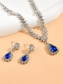 Rhinestone Waterdrop Necklace And Earrings Jewelry Set