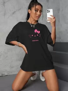 Sanrio 1 件 Hello Kitty 女式休闲卡通印花圆领短袖 T 恤图案肩部 T 恤女式上衣家居服打底衫 - 黑色 - 查看 4